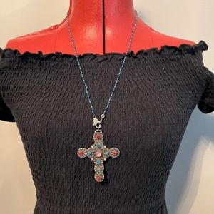 Antique silver gemstone cross pendant $550
